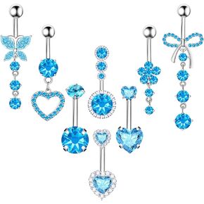 8Pcs Gold Pink Silver Belly Button Ring Dangle Navel Belly Piercing Jewelry Cute CZ Butterfly Heart Flower Bow Navel Belly Rings for Women 14G Hypoallergenic Surgical Stainless Steel Dainty Dangling Dangly Belly Button Piercing Pack