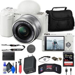 Sony ZV-E10 Mirrorless Camera with 16-50mm Lens (Black) (ILCZV-E10L/B) + 64GB Memory Card + Card Reader + Case + Flex Tripod + Memory Wallet + Cap Keeper + Cleaning Kit (Renewed)