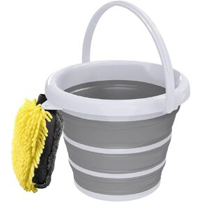 Collapsible Car Wash Bucket with Microfiber Mitt, 10L (2.6 Gallon) Portable Water Bucket with Handle for Car Wash Household Cleaning, Multiuse Collapsible Water Bucket and Car wash mitt - Green