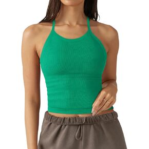 LASLULU Womens Sports Bra Seamless Long Crop Tank Racer Back Spaghetti Strap Workout Yoga Padded Bra Halter Neck Casual Tops