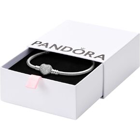 PANDORA Moments Sparkling Heart Clasp Snake Chain Bracelet - Compatible with PANDORA Moments Charms - Sterling Silver Charm Bracelet for Women - 7.5" - With Gift Box