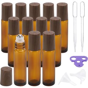 Tbestmax 25 Pack Glass Essential Oil Roller Bottles with Stainless Steel Ball, 10ml Amber Roll on Perfume Bottles with Lids for Travel
