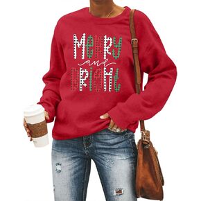 بلوزات عيد الميلاد للنساء Merry Bright Graphic Print قمصان طويلة الأكمام لعيد الميلاد بلوفر بياقة دائرية وبلوزة غير رسمية