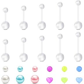 Longita Plastic Pregnancy Belly Button Rings Long Bar Navel Rings for Maternity Sport Pregnant Women Flexible Clear Belly Piercing Retainer Different Length bar and balls for Replacement 10-32mm