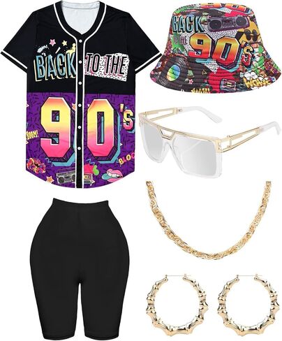 WILDPARTY 80s 90s Outfit for Women, Unisex Hip Hop Costume Baseball Jersey Shirt Yoga Pants Rapper Accessories in Kuwait