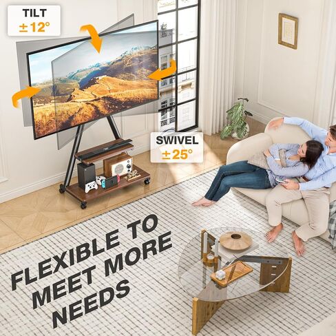 TVON Rolling TV Stand for 43-80" TVs up to 150lbs, Portable TV Stand on Wheels with Enhanced Triangular Design, Height Adjustable Mobile TV Stand with Swivel/Tilt/Dual Shelves for Indoor/Outdoor Use in Saudi Arabia