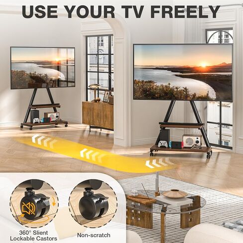 TVON Rolling TV Stand for 43-80" TVs up to 150lbs, Portable TV Stand on Wheels with Enhanced Triangular Design, Height Adjustable Mobile TV Stand with Swivel/Tilt/Dual Shelves for Indoor/Outdoor Use in Saudi Arabia