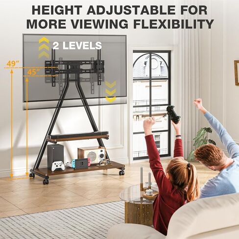 TVON Rolling TV Stand for 43-80" TVs up to 150lbs, Portable TV Stand on Wheels with Enhanced Triangular Design, Height Adjustable Mobile TV Stand with Swivel/Tilt/Dual Shelves for Indoor/Outdoor Use in Saudi Arabia
