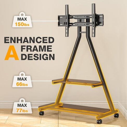 TVON Rolling TV Stand for 43-80" TVs up to 150lbs, Portable TV Stand on Wheels with Enhanced Triangular Design, Height Adjustable Mobile TV Stand with Swivel/Tilt/Dual Shelves for Indoor/Outdoor Use in Saudi Arabia