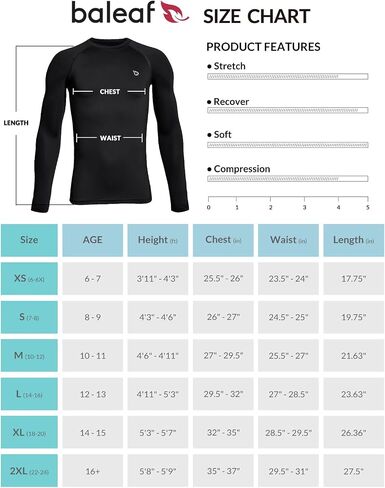 قمصان BALEAF للأولاد الشبابية المضغوطة بأكمام طويلة لأداء البيسبول وكرة القدم Baselayer Kids Cold Gear Undershirt سريع الجفاف in Kuwait
