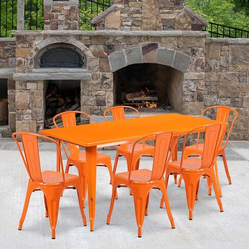 Flash Furniture درجة تجارية 31.5 × 63 بوصة طقم طاولة مستطيلة من المعدن الفضي للاستخدام الداخلي والخارجي مع 6 كراسي مكدسة in Kuwait
