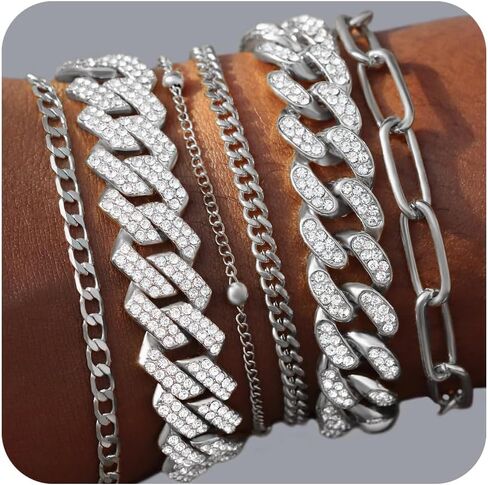 Gold Bracelets for Women, 14K Gold Plated Bracelets Sets for Women, 13mm/14mm Cuban Chain Bracelet Layered Link Chain Bracelets Pack Jewelry Full Diamond for Women Girls in Saudi Arabia