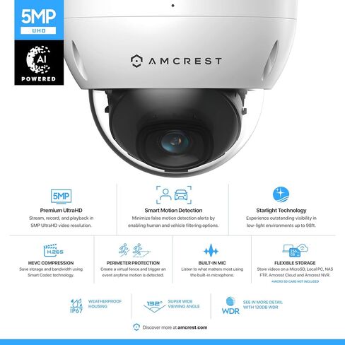 Amcrest 5MP POE Camera, Outdoor Vandal Dome Security POE IP Camera, 5-Megapixel, 98ft NightVision, 2.8mm Lens, IP67, IK10 Resistance, MicroSD 256GB (Sold Separately), Cloud, NVR (IP5M-D1188EW-AI-V3) in Saudi Arabia