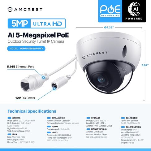 Amcrest 5MP POE Camera, Outdoor Vandal Dome Security POE IP Camera, 5-Megapixel, 98ft NightVision, 2.8mm Lens, IP67, IK10 Resistance, MicroSD 256GB (Sold Separately), Cloud, NVR (IP5M-D1188EW-AI-V3) in Saudi Arabia