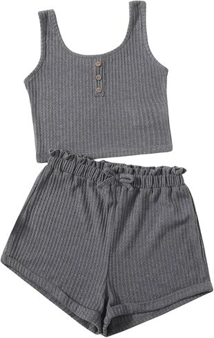 Girl's 2 Piece Outfits Waffle Knit Scoop Neck Button Down Crop Tank Tops Paperbag Waist Track Shorts in Saudi Arabia