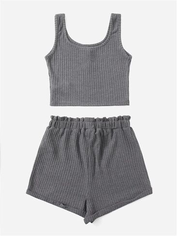 Girl's 2 Piece Outfits Waffle Knit Scoop Neck Button Down Crop Tank Tops Paperbag Waist Track Shorts in Saudi Arabia
