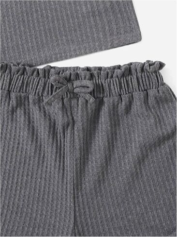 Girl's 2 Piece Outfits Waffle Knit Scoop Neck Button Down Crop Tank Tops Paperbag Waist Track Shorts in Saudi Arabia