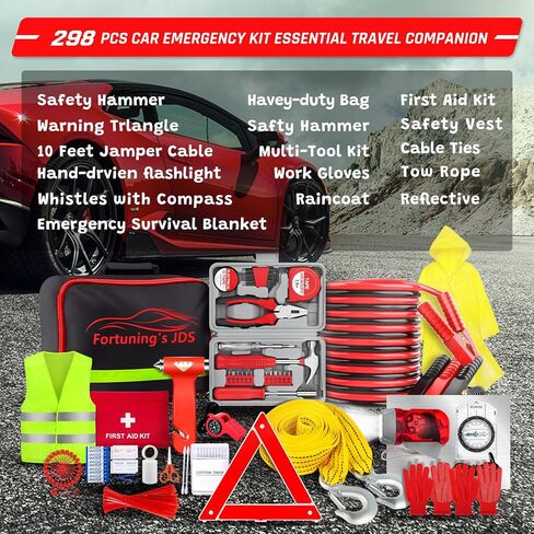 298PCS Roadside Emergency Car Kit- Car Emergency Kit with Jumper Cables, Roadside Emergency Kit for Vehicles, Emergency Car Kit, Car Safety Kits, Gloves,Tow Strap,Tool Kit,Reflective Warning Triangle in Saudi Arabia