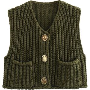 Ainangua Sleeveless Cropped Cardigan for Women Casual Chunky Knit Tank Tops Button Down Open Front Sweater Vest with Pockets