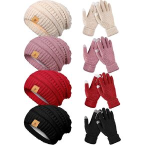 JaGely 8 Pieces Winter Knitted Hats and Gloves Set for Women Touchscreen Lined Gloves Warm Glove and Hat Set Winter Beanies