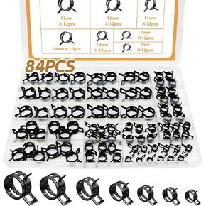 84PCS 7-17mm Fuel Line Hose Spring Clamp Firmware Silicone Vacuum & Automotive Replacement Fastener Sorting Kit, Black Manganese Steel Spring Hose Clamp DD006-b