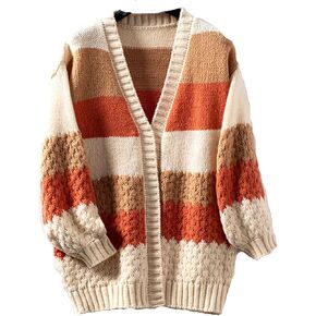 JASCLS Winter Long Sleeve Cable Knitted Color Block Boho Striped Sweater Cardigans Chunky Sweater Cardigans for Women