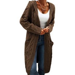 Women Hooded Open Front Cardigan Cable Knit Sweaters Solid Color Chunky Long Sweater Coats