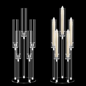 2Pcs Acrylic Candelabra Centerpieces for Wedding Table Decorations,Clear 5 Arms Candlesticks Holder with Acrylic Shade for Valentine's Day Dinner Party Fireplace Gift Fit LED Candle