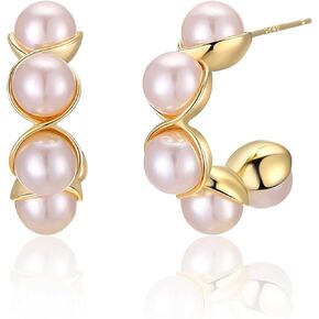 POWNOOL Gold Hoop Earrings for Women-14K Gold Plated Huggie Earrings-Pearl Hypoallergenic Hoop Earring Jewelry Gift