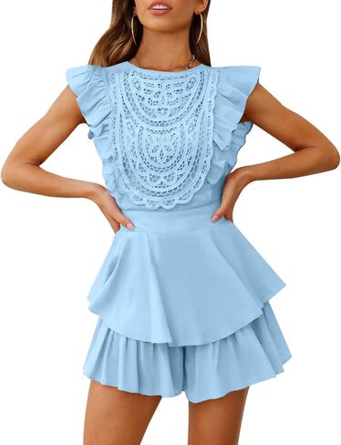 AIMCOO Women's Flutter Sleeve Crochet Lace Overlay Romper Dress Crewneck Waist Tie Rompers Tiered Ruffle Short Jumpsuits in Kuwait