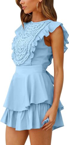 AIMCOO Women's Flutter Sleeve Crochet Lace Overlay Romper Dress Crewneck Waist Tie Rompers Tiered Ruffle Short Jumpsuits in Kuwait