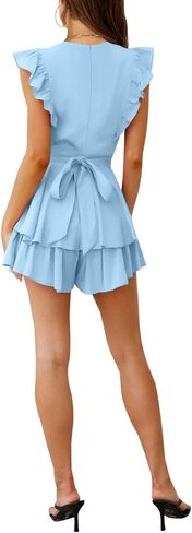 AIMCOO Women's Flutter Sleeve Crochet Lace Overlay Romper Dress Crewneck Waist Tie Rompers Tiered Ruffle Short Jumpsuits in Kuwait