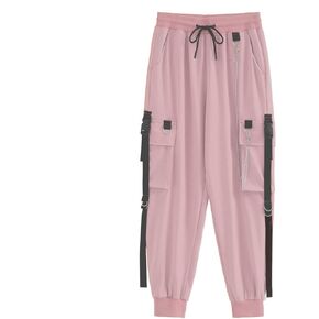 MEINVQIAOTI السراويل البضائع السوداء للنساء Techwear النساء فضفاضة الشارع روك نمط السراويل السوداء غير رسمية مع سلسلة السراويل القوطي