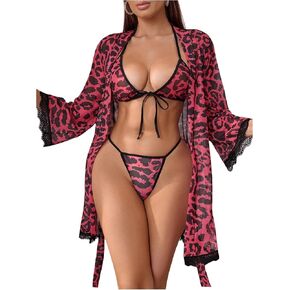 Women's Lace Sheer Leopard Lingerie Set Wireless Halter Triangle Bra and Panty Set with Belted Robe