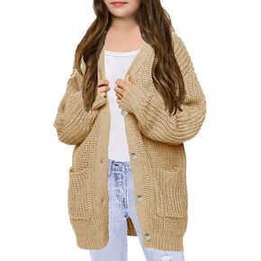 XUBA Girls Cardigan with Pockets Open Front Striped Color Block Knitted Soft Sweater Coat