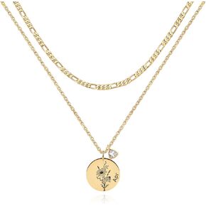 MTMY Birth Flower Necklaces for Women 18K Gold Plated Dainty Layered Birth Month Flower with Birthstone Pendant Necklaces Personalized Custom Floral Jewelry Gift for Her