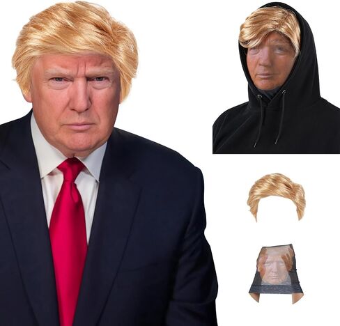 شعر مستعار مضحك للمرشح الرئاسي السياسي دونالد ترامب شعر مستعار زي مجموعة شعر مستعار، شعر مستعار للرئيس، شعر مستعار الملياردير، شعر مستعار أشقر للرجال، بما في ذلك دبوس العلم، مثالي للهالوين in Kuwait