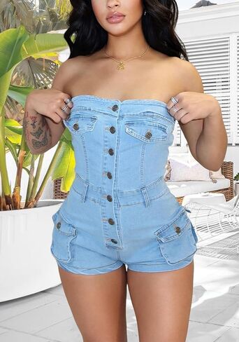 المرأة أنبوب الدنيم رومبير مثير Bodycon حمالة عارية الذراعين السراويل البضائع الصيف تمتد جان بذلة كلوبوير in Kuwait