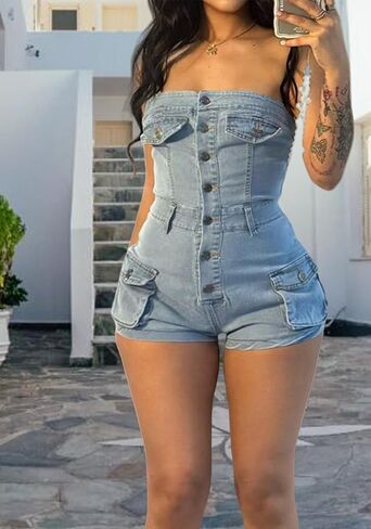 المرأة أنبوب الدنيم رومبير مثير Bodycon حمالة عارية الذراعين السراويل البضائع الصيف تمتد جان بذلة كلوبوير in Kuwait