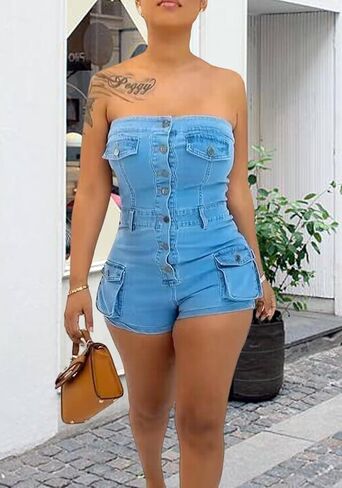 المرأة أنبوب الدنيم رومبير مثير Bodycon حمالة عارية الذراعين السراويل البضائع الصيف تمتد جان بذلة كلوبوير in Kuwait
