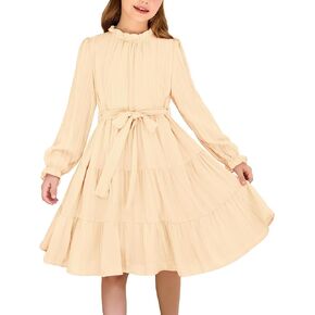 Arshiner Girls Long Sleeve Dress Tween Fall Formal Party Holiday Midi Tiered Flowy Swing Dresses with Belt 5-13 Y