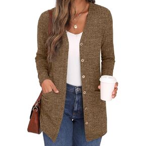 GRECERELLE Women's Long Sleeve Open Front Cardigan Button Down Ribbed Lightweight Knit Outerwear with Pocket