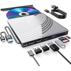 [8 in 1] External CD/DVD Drive for Laptop, USB 3.0 Ultra Slim External CD/DVD Player with 4 USB-A Ports, 1 Type-C Port, 2 TF/SD Card Slots, External CD/DVD Burner Compatible with macOS/Windows/Linux
