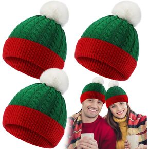 Suhine 3 Pieces Christmas Knitted Hat Santa Hat Santa Knitted Hat Santa Beanie Wool Red Christmas Caps for Adults Women Men Family Party