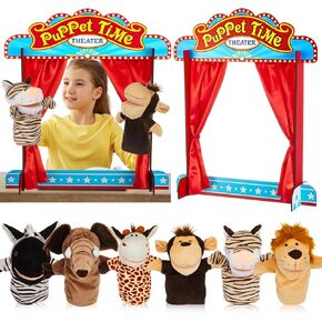 7 Pcs Wooden Puppet Show Theater for Kids Animal Hand Puppets Set Puppet Show Stage Puppets Soft Plush Animal Puppets for Kids Ages 4-8
