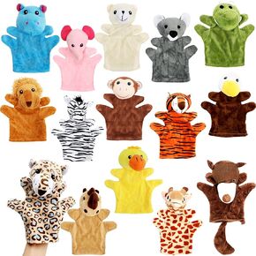 15 Pack Safari Animal Hand Puppet Zoo Plush Animal Hand Puppets Elephant Giraffe Bear Monkey Zebra Stuffed Puppet Toys for Kids Adult Show Theater Telling Story Teaching Role Play