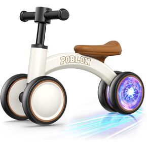Colorful Lighting Baby Balance Bike for 1 Year Old Girl Boy, 12-24 Month Toddler Balance Bike with 4 Wheels & Soft Seat, First Birthday Gift (Pink)