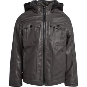 URBAN REPUBLIC Boys’ Jacket – Faux Leather Biker Jacket – Casual Sherpa Lined Moto Jacket with Sweatshirt Hood (4-20)