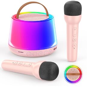 Mini Karaoke Machine for Kids, Portable Bluetooth Speaker with 2 Wireless Microphones and Led Light, Birthday Gifts for 4 5 6 7 8 9 10 11 12 Year Old Girl, Kid Karaoke Machine Toys, Pink