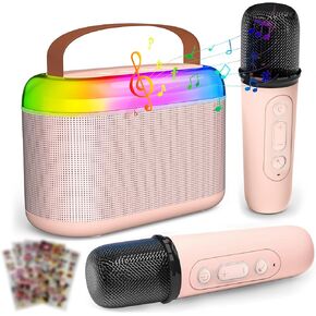 TiMOVO Karaoke Machine for Kids, Mini Portable Bluetooth Karaoke Speaker with 2 Wireless Microphone and LED Lights, Kids Music Player Toy Birthday Gifts with Stickers for Girls Boys Family Home Party